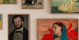 classical and modern portraits and paintings, featuring a bearded man and a woman with red birds