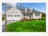 house watercolor painting with a two-car garage