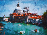 watercolor painting domed building, red rooftops, and a turquoise canal with boats