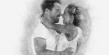 romantic black and white pencil sketch of a couple smiling