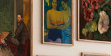 portrait of a man in a suit, an expressionist painting of two women holding a bowl of fruit, and a floral still life