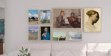 gallery wall with framed artwork including portraits and landscapes