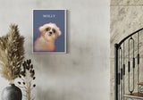 a Shih Tzu dog named Molly with a modern frame, pampas grass decor, and a spiral staircase in the background