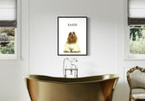 a long-haired dog, elegantly displayed above a luxurious gold bathtub in a stylish bathroom with natural light