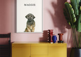 small dog named Maggie in a colorful modern interior