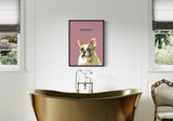 a French Bulldog, displayed above a luxurious gold bathtub in a modern bathroom with a pink background