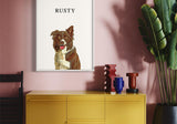 Framed pet portrait of a brown and white dog named Rusty