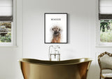 pet portrait of Maggie, a brown dog, displayed in a modern bathroom with a luxurious gold bathtub