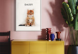 pet portrait of a tabby kitten named Daisy in a colorful modern interior