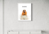 pet portrait of Sadie, a fluffy dog with long ears, displayed on a minimalist white wall above a marble console table