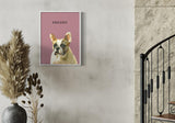 pet portrait of a French Bulldog named Freddy on a pink background displayed on a textured wall near dried pampas grass