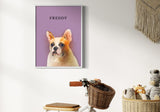 a French Bulldog named Freddy on a purple background displayed in a children's room with a wicker basket of toys and a toy bike