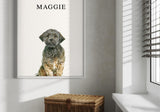 Custom pet portrait of Maggie, a curly-coated dog, in a modern minimalistic room