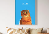 pet portrait of an orange cat named Ellie on a blue background displayed above a beige and white cushion