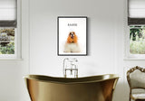 Cocker Spaniel named Sadie in a luxurious bathroom with a gold freestanding bathtub