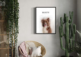 a brown dog, displayed in a stylish living room with a cactus plant and wicker chair