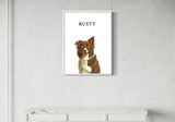 brown and white dog named Rusty displayed on a minimalist white wall above a marble table