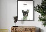 a French Bulldog named Max in a modern interior with a carved wooden console