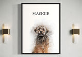 Framed pet portrait of a brown dog named Maggie displayed on a modern wall