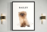 custom pet portrait of Bailey, a fluffy kitten, displayed on a wall between two modern wall sconces