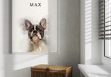 French Bulldog named Max in a modern interior with wicker storage basket