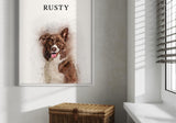 pet portrait of a brown and white dog named Rusty