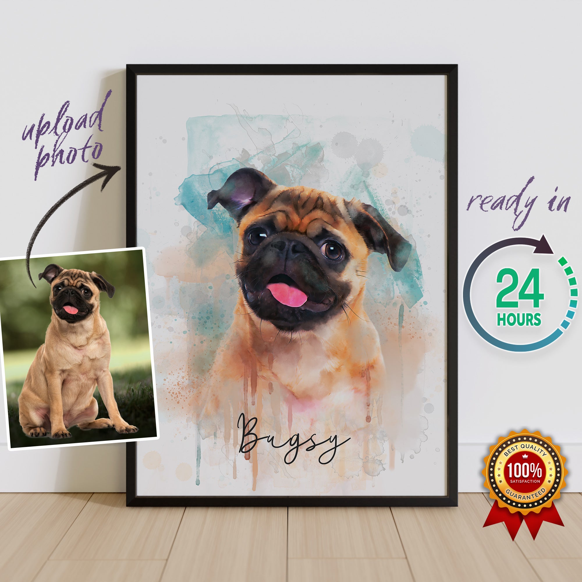 custom watercolor pet portrait - pug