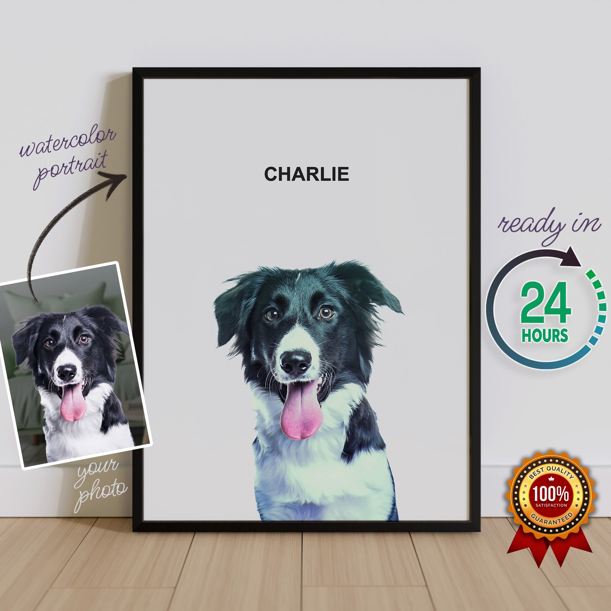 custom pet portrait from photo border collie