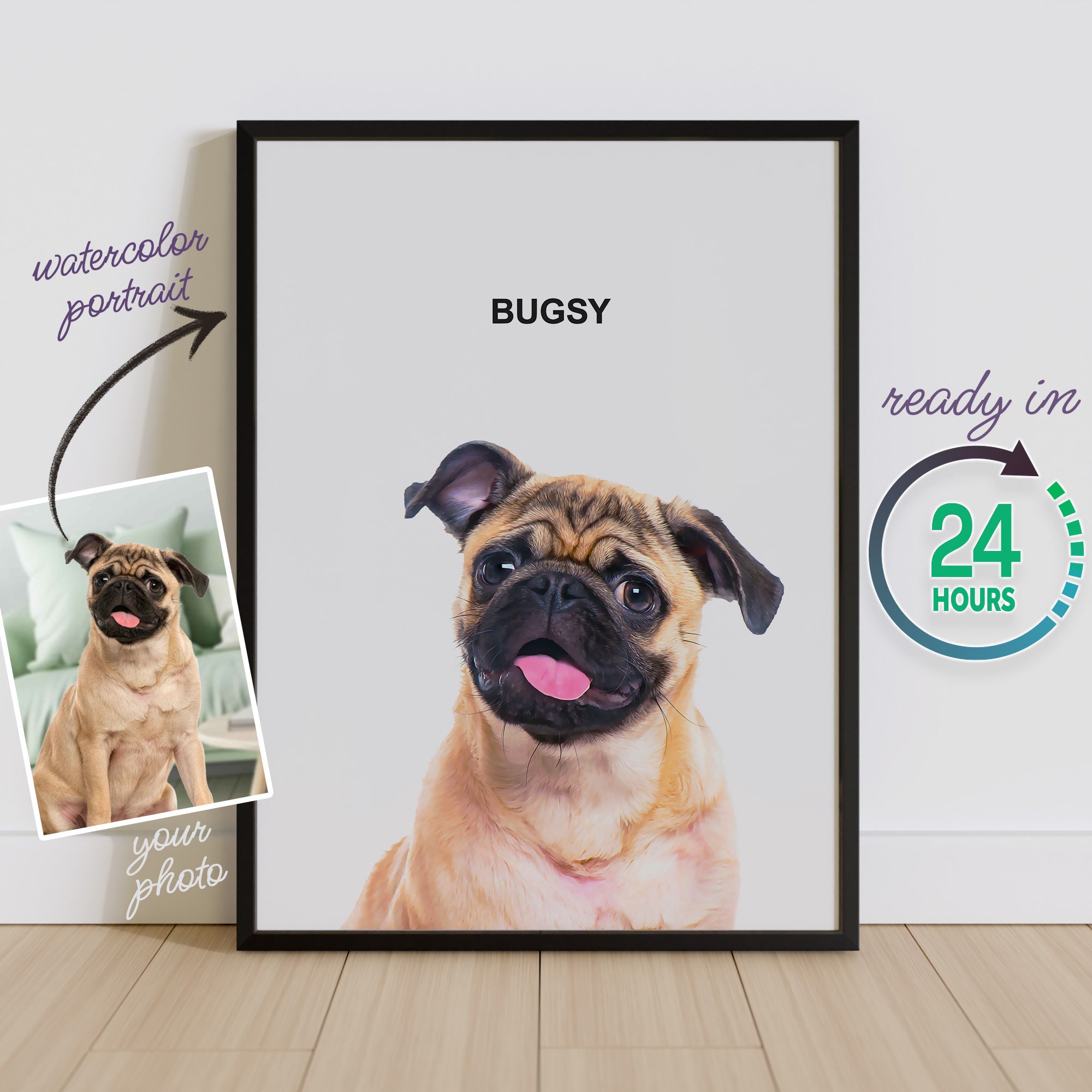 Personalized Watercolor Dog Portrait from Photo, Dog Portrait, Loss of Dog Pug Pet Gift Memorial, Painting from Photo, Pet Portrait Custom image 1